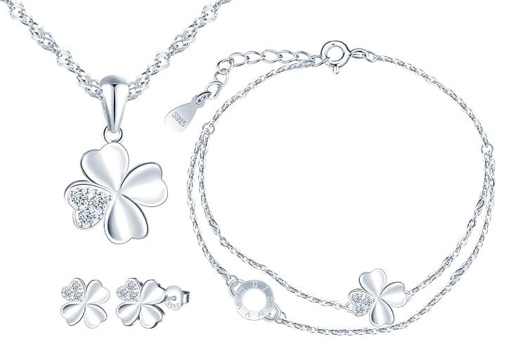 MICMIF 3 Stück Silber 925 Vierblättriges Kleeblatt Schmuck Set für Damen Mädchen: Kleeblatt Ohrstecker + Ketten Armband + Kette Anhänger Kleeblatt - Klee Halskette Armband und Ohrringe Set - Image 1