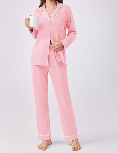 Ekouaer Womens Pajamas Set 2 Piece Button Down Pjs Soft Long Sleeve Top and Pants Sleepwear Set Lounge Sets thumbnail 2