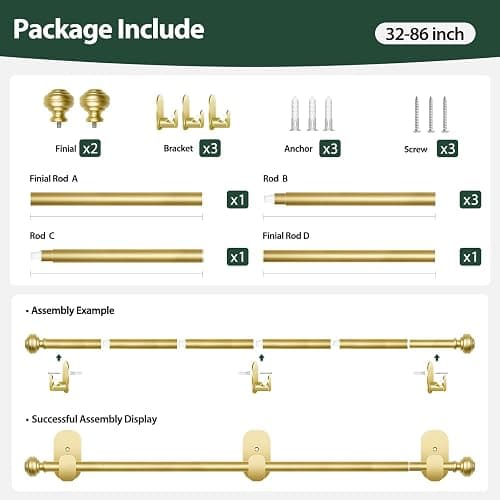 KAMANINA Curtain Rods No Drilling for Windows 32 to 86 Inches, 5/8 Inch Diameter Adjustable Drapery Pole with Adhesive Brackets, Gold thumbnail 7