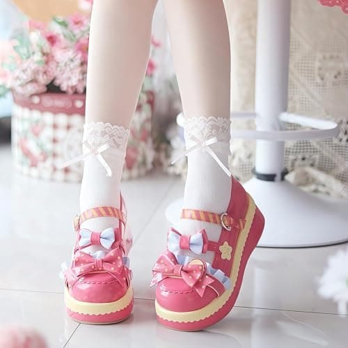 Women Lolita Shoes Heel Mary Jane Lace Pumps with Bow Kawaii Cute Cosplay Wedge Boots Cross Strap Block Heel Sweet Style thumbnail 4