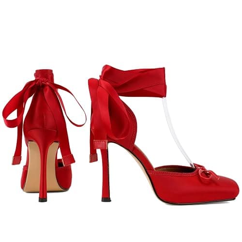JilTrdWei Women's Ballet Heels for Women, Satin Ballerina High Heels with Ribbon Lace-Up, Square Toe Mary Jane Stiletto Heels for Party, Wedding & Formal Dress thumbnail 7