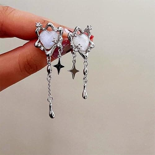 Moonstone Heart Stainless Steel Earrings For Women Teen Girls Tassel Silver Star Dangle Earrings Dangling Y2k Earinging Earrings thumbnail 3