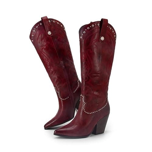 GOGD Knee High Western Boots For Women Embroidered Cowboy Boots Pointed Toe Chunky High Heel Wide Calf Shoes - Image 1