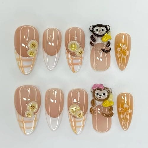 Handmade Monkey and Banana Press On Nail Art Set with Cute 3D Cartoon Designs - Image 1