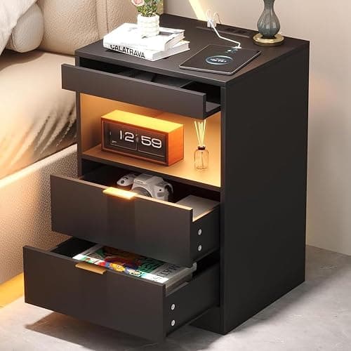 Yusong Night Stand, Bedside Table, LED Nightstand with Charging Station, Modern Night Stand, Wood Sofa Couch End Side Table with 2 Pull-Out Shelf (Black) - Image 1