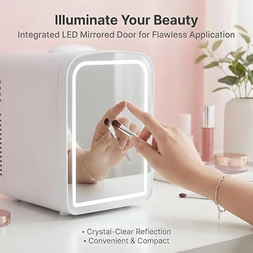 Lispin 4L Mini Skincare Refrigerator with Dimmable LED Mirror, Portable Beauty Refrigerator, Makeup Personal Fridge with Cooler for Bedroom, Office and Car (White-DL-4L-C) thumbnail 5