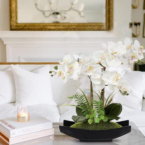 Briful Orchid Artificial Flowers 15in White Fake Orchid Silk Flowers with Black Pot Faux Phalaenopsis Arrangement for Home Office Room Table Centerpiece Modern Decor - Black White thumbnail 4
