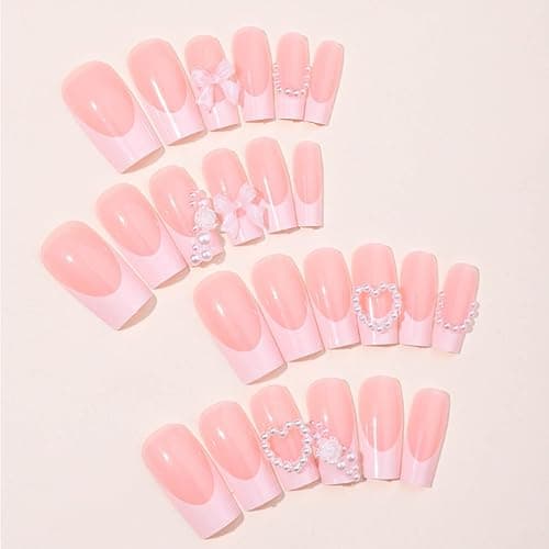 DANMANR Pink Fake Nails Bow False Nails Full Cover Acrylic Square Medium French Flower Fake Nails for Women and Girls 24PCS thumbnail 2
