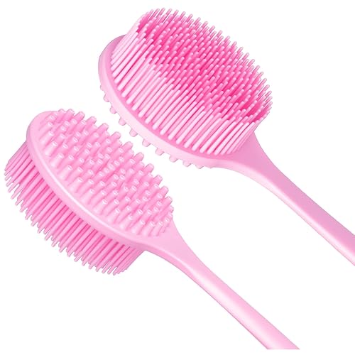 DNC Silicone Back Scrubber for Shower, Soft Bath Body Brush with Long Handle (Pink) thumbnail 2