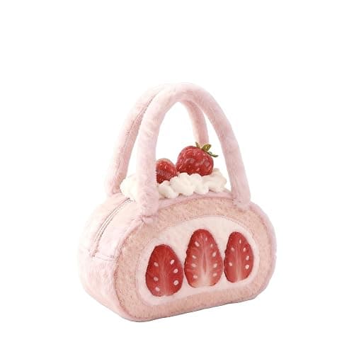 HappyERA Plush Strawberry Swiss Roll Shaped Clutch Handbag Cute Women Small Purse Cell Phone Tote Bag - Image 1