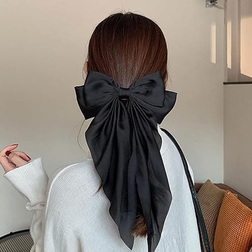 Bow Hair Clip, Hair Bows for Women Big Bowknot Hairpin French Hair Clips with Long Ribbon Solid Color Barrette Clips for Women Girls(Black+navy blue) thumbnail 7