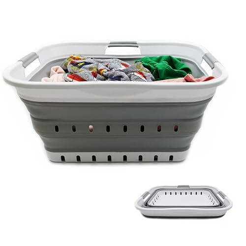 SAMMART 42L (11 gallon) Collapsible Plastic Laundry Basket - Foldable Pop Up Storage Container/Organizer - Space Saving Hamper/Basket (1, White/Grey) thumbnail 4
