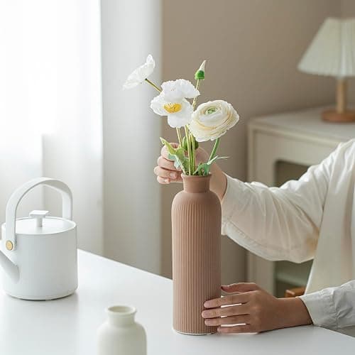Modern Ceramic Vase Set, Earth Tone Natural Color Ribbed Matte Design, 3-Piece Decorative Vases for Home, Living Room, Office (Coffee Mix) thumbnail 7