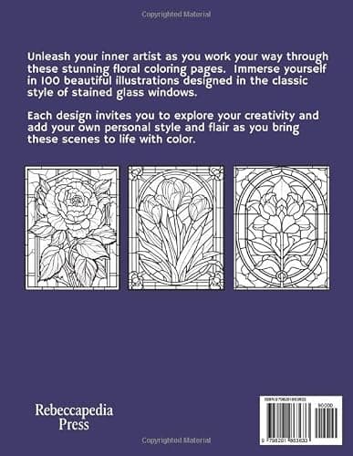Stained Glass Blooming Beauties Adult Coloring Book: 100 Floral Designs for Stress Relief and Mindfulness | 8.5 x 11 inches thumbnail 2