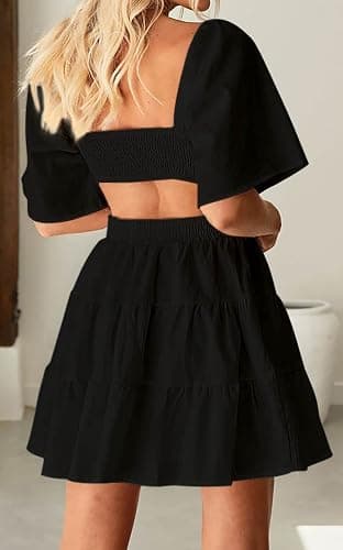 Wimsihal Women's Summer Dresses Square Neck Casual Short Sleeves Elastic Waist Party Mini Dress thumbnail 2
