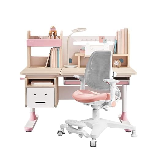 FCD Wood Adjustable Height Kids Study Desk with Chair, Reading Homework Drawing Table Computer Station Built-in Bookshelf Hutch, Tablet Holder, Tiltable Desktop and Storage Drawer (Pink, Wood of Fir) - Image 1