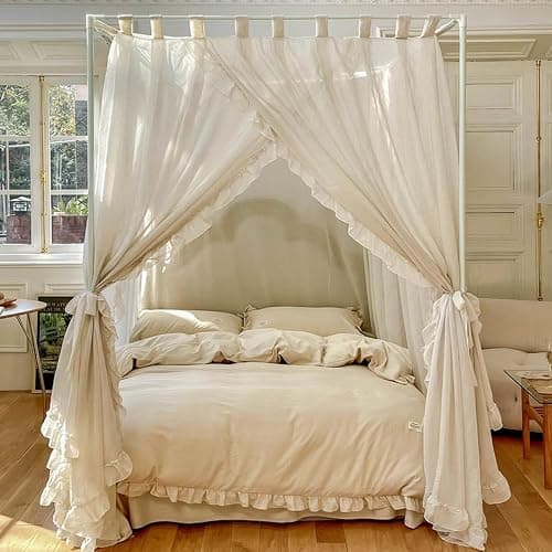 Mengersi Canopy Bed Curtains,Linen Bed Canopy Curtains 4 Corner Bed Drapes Canopy Curtains for Bedroom Decor (Ivory,Queen) thumbnail 3