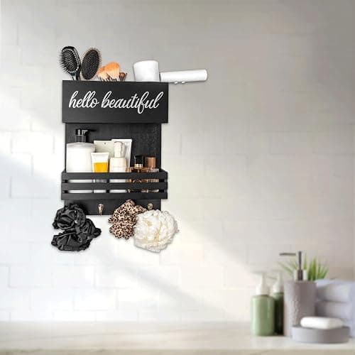 Cokritsm Wooden Hair Dryer Holder Wall-Mounted - 2 Tier Bathroom Storage Shelf Cosmetic & Hairdressing Tools Organizer for Bathroom Countertop/Vanity (Black) thumbnail 4