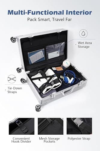 HotWay Carry On Luggage with Spinner Wheels, Aluminum Hard Shell Zipperless Suitcase with TSA Lock, 22x14x9 Airline Approved Luggage for Business Travel (Aluminum Silver, 20 Inch) thumbnail 5