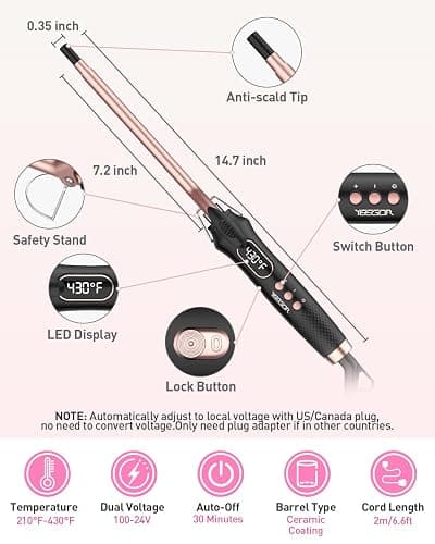 YEEGOR 3/8 inch Thin Curling Iron，Extra Long Barrel Culing Wannd Ceramic，100-240V Dual Voltage Small Hair Curler for Tight Curls，12 Temps - 3/8 Inch thumbnail 6