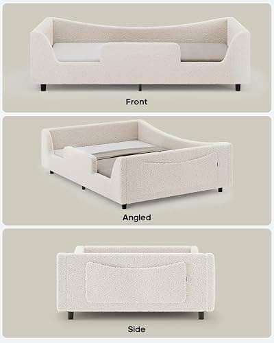 HAUOMS Full Floor Bed, Low Montessori 2-in-1 Convertible Beds, with Slats and High Rails, Upholstered Teddy Boucle, Curve Round Frame for Girls and Boys, No Box Spring Needed, Easy Assemble, Beige thumbnail 9