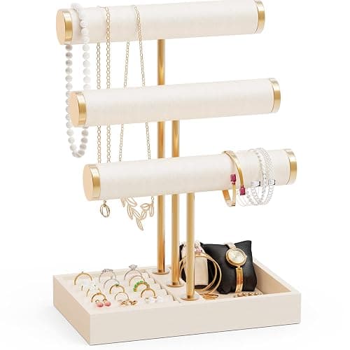 Abiglifty 3 Tier Necklace Holder Display, Jewelry Organizer, Jewelry Stand, Bracelet Display, Necklace Organizer, Bracelet holder, Jewelry Display for Necklace, Watches, Rings, Beige - Image 1