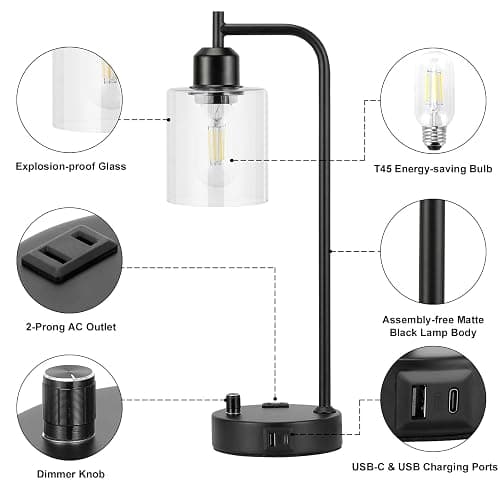 Industrial Nightstand Lamps for Bedrooms Set of 2 - Fully Dimmable Bedside Lamps with USB A C Ports and Outlet, Black Table Lamps with Clear Glass Shade for Living Room, Desk Lamps for Office Reading thumbnail 5