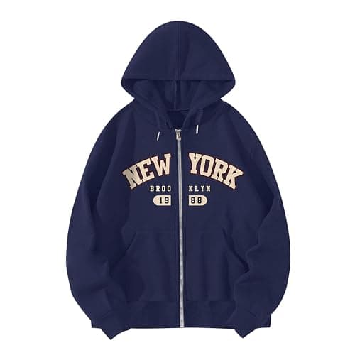 Pairxily New York Graphic Zip Up Hoodies for Women Full Zip Hoodie Letter Jackets College Zipper Sweatshirts with Pockets - Image 1