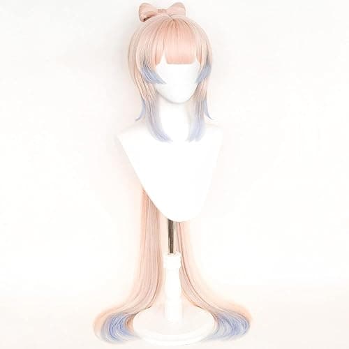 maysuwell Anime Pink Mixed Blue Wigs with Bangs Long Straight Hair with Ponytail Pre-made Bows Game Character Cosplay Wig Halloween,Christmas,Comic con,Game Show thumbnail 3