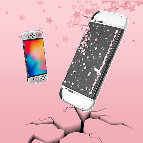 Cute Switch OLED Case – Dockable Glitter Clear Protective Cover with Cherry Blossom Design, Tempered Glass Screen Protector & Thumb Grips for Nintendo Switch OLED thumbnail 6