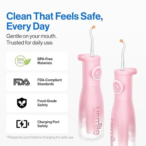 usmile C30 Cordless Water Flosser, 300ml Large Tank, 5 Pressure Levels Deep Clean, S-Shaped Nozzles for Braces & Sensitive Gums, USB-C Rechargeable, IPX7 Waterproof, Portable Travel & Home Use(Pink) thumbnail 5