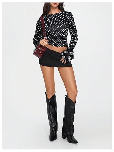Milumia Women's Polka Dots Bell Sleeve Crop Tee Top Y2K Ruched Slim Fit Going Out T Shirt thumbnail 4