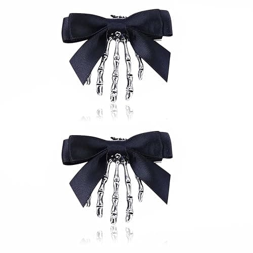 Utavu 2Pcs Skeleton Hand Hair Clips with Bowknot - Cute Skull Claw Hairpins for Girls, Party Cosplay - Image 1