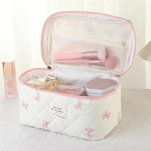 uekeboag Large Travel Quilted Makeup Bag for Women, Floral Cotton Cosmetic Bag, Coquette Aesthetic Floral Toiletry Organizer Bag thumbnail 3