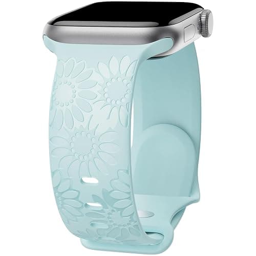 Sunflower Engraved Band Compatible with Apple Watch Bands 38mm 40mm 41mm 42mm 44mm 45mm 49mm Women, Designer Soft Glossy Floral Silicone Strap for iWatch Series Ultra 11 10 9 8 7 6 SE 5 4 3 2 1 - Image 1