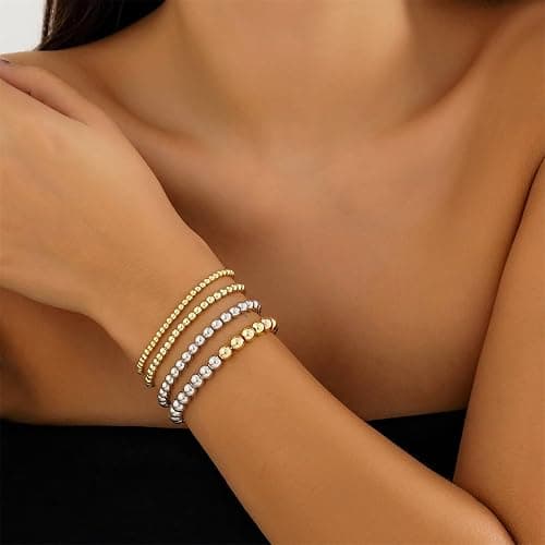 LXSSLY 5Pcs Gold Bead Bracelets Set for Women,14K Gold Plated Stackable Bead Ball Bracelets Set,Adjustable Chunky Bangles Bracelets,Boho Stretch Bead Ball Bracelet for Women thumbnail 3