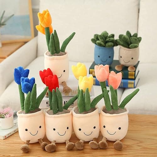 WUZHOU Tulip Plush Toy, 13.7" Flower Pot Stuffed Plushie Pillow Decoration, Soft Fluffy Toy Succulent Plants Friend Throw Pillow, Multicolor (Yellow-Tulip) thumbnail 8