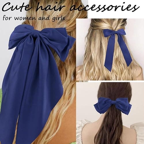 Ahoney 7 Pack Navy Blue Bows for Hair Bows Silky Satin Big Hair Bow Hair Clips Multi Style French Long Hair Ribbon Hair Accessories Barrettes for Women Girls thumbnail 2
