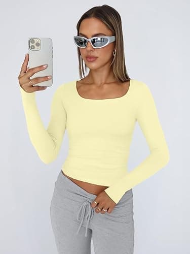 Trendy Queen Womens Long Sleeve Shirts Crop Tops Fall Fashion 2025 Square Neck Going Out Basics Tees Y2k Clothes thumbnail 2