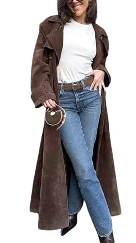 utcoco Womens Faux Suede Long Trench Coat Notched Lapel Double Breasted Pea Coat Overcoat with Belt - Image 1