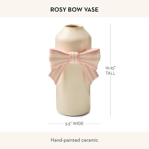 MACKENZIE-CHILDS Ceramic Vase, Unique Flower Vase, Table Decor for Living Room, Pink-and-White Rosy Bow thumbnail 3