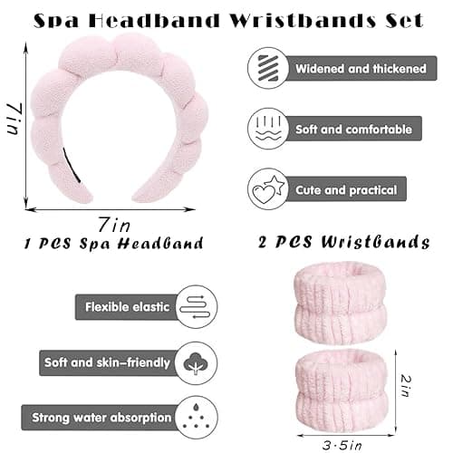 Spa Headbands for Washing Face Wristband Set Sponge Makeup Skincare Headband Wrist Towels Bubble Soft Terry Towel Cloth Hairband for Women Puffy Headwear Non Slip Thick Thin Hair Headwear (Light pink) thumbnail 2