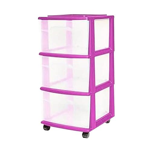 HOMZ Drawer Tower, 3-Tier Clear Plastic Storage Organizer Cart, Purple Frame - Rolling Drawer Containers with Wheels for Bathroom, Bedroom, Office, and Classroom Organization - Purple - 1 Pack - Image 1