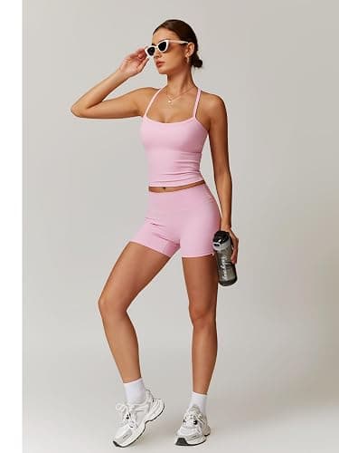 ABOCIW 2 Pieces Workout Sets for Women, Cross Back Tank Top Matching High Waist Biker Shorts, Gym Yoga Pilates Outfits thumbnail 5