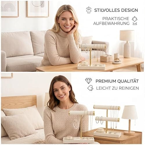Xnqelerate Schmuckständer mit 2 Ebenen, Schmuckaufbewahrung, Abnehmbarer T-Steg Schmuck Ständer, Schmuck Organizer, Jewelry Organizer für Armband, Uhren, Ringe, Halskette (Beige) thumbnail 5
