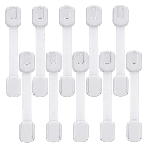 Goodv Child Safety Cabinet Locks - (10 Pack) Baby Proofing Latches to Drawer Door Fridge Oven Toilet Seat Kitchen Cupboard Appliance Trash Can with 3M Adhesive - Adjustable Strap No Drill No Tool - White