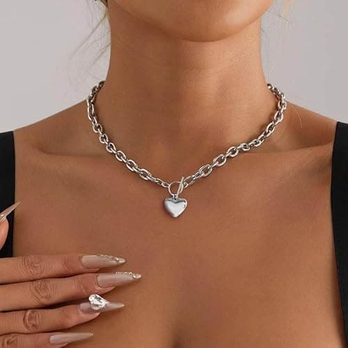 Avanlin Heart Toggle Necklace Silver Plated Chain Choker Charm Pendant Stainless Steel Necklaces for Women thumbnail 4