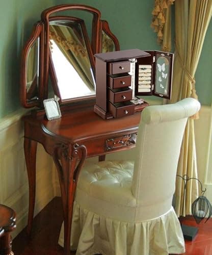 RR ROUND RICH DESIGN Jewelry Box - Made of Solid Wood with 4 Drawers Organizer and Built-in Necklace Carousel and Large Mirror Brown thumbnail 2