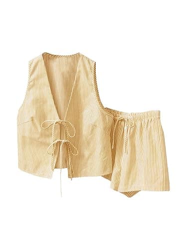 SweatyRocks Women's 2 Piece Summer Outfits Striped Tie Front Bow Sleeveless Top and Shorts Set - Image 1