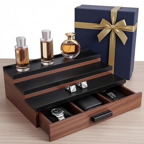 Cologne Organizer for Men – Black Wood Cologne Stand with Drawer & Storage, 3 Tier Perfume Display Holder for Bedroom, Office, Bathroom – Ideal Gift for Men, Father, Husband - Image 1